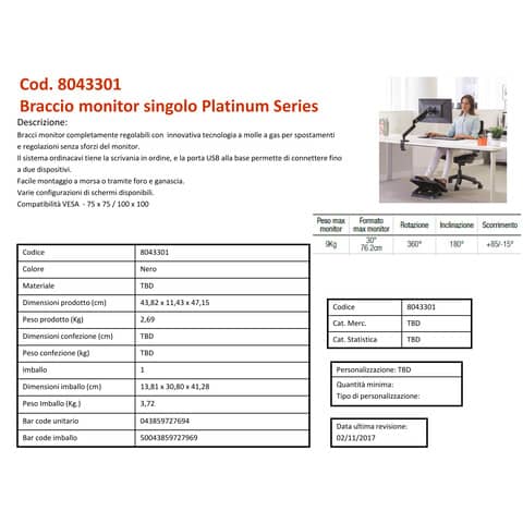 Braccio Monitor Singolo per regolare monitor LCD/TFT Fellowes Platinum Series nero max 24 pollici - 8043301